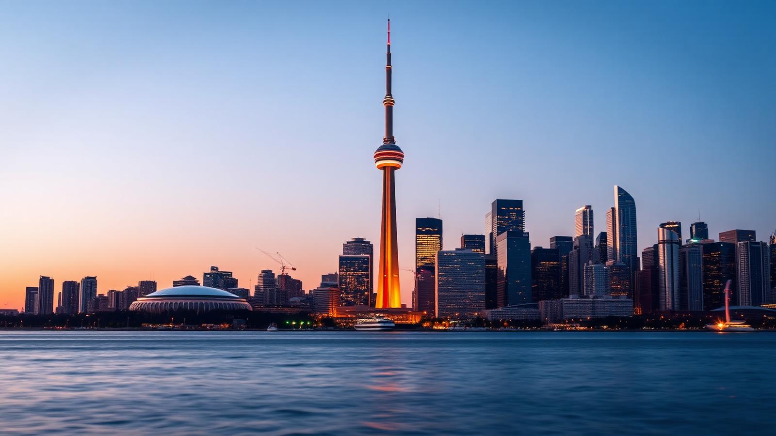 Toronto, Canada skyline with the CN Tower at dusk